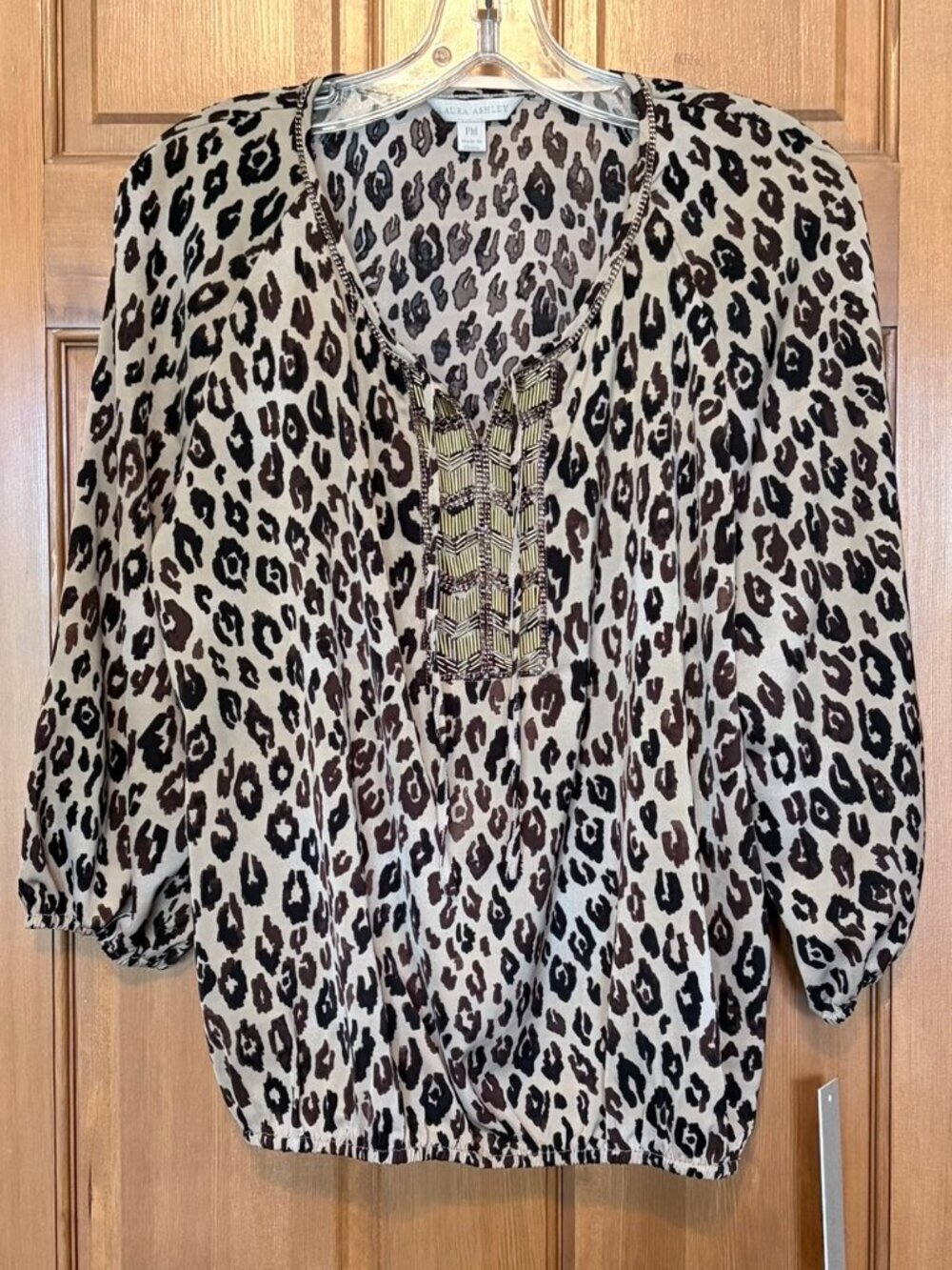 Laura Ashley Tan Jaguar Print 3/4 Sleeve Blouson Blouse Petite Medium NWT
